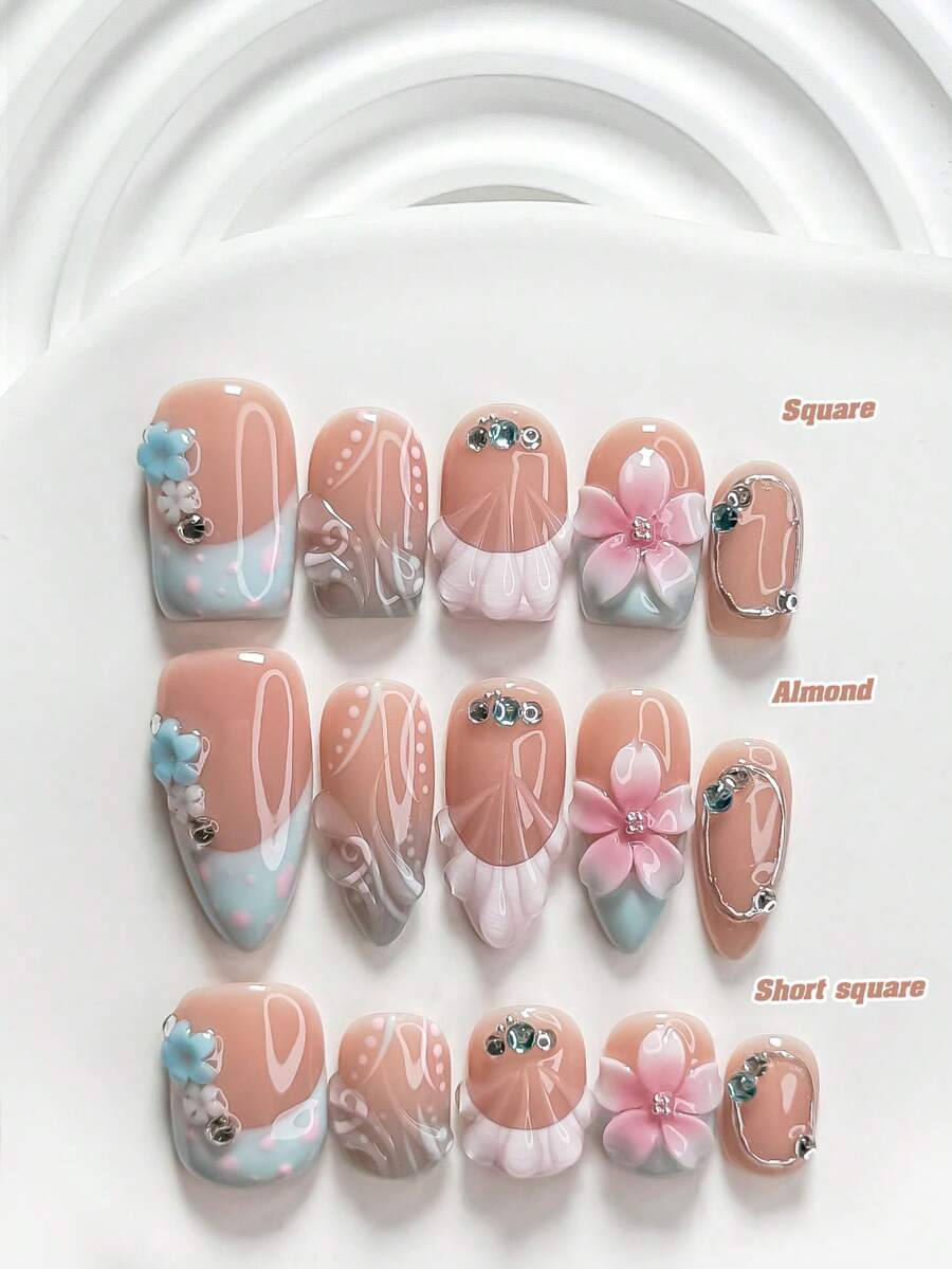 10片甜美女孩風手工穿戴甲,Polygel美甲套組,五瓣花設計,藍色與粉色指甲油,夏季旅行風,附美甲工具,3種尺寸可選,方型、短方型、杏仁形,適合派對、跳舞、日常配戴 - 彩色 - 查看 1