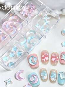 6-Grade Encantos de Arte de Unhas Estrela & Lua Rosa & Azul, Decorações de Unhas com Strass Aurora Lua & Estrela de Costas Planas, Suprimentos de Arte de Unhas DIY - Multicolorido - Visão 6