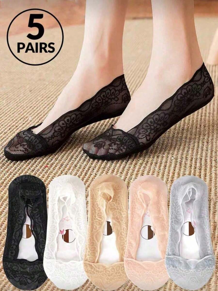 5 Pasang Kaos Kaki Wanita Renda Tak Terlihat Musim Panas Transparan Pendek Tanpa Terlihat Set Kaos Kaki Pendek Putih Silikon Anti Selip (Tanpa Kartu Kertas) - MultiWarna - View 1