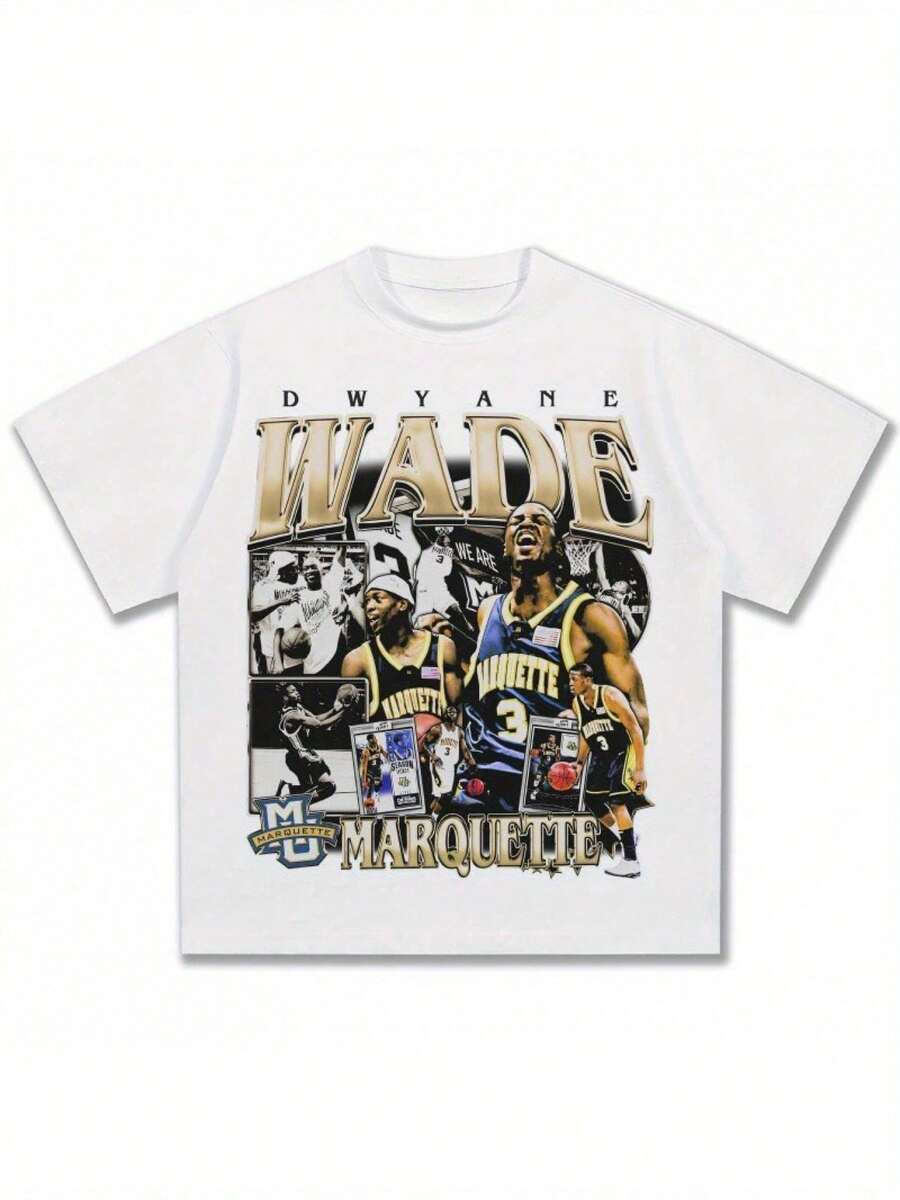 1 Piece Of Men's High-Quality, Breathable, Casual, Round-Neck T-Shirt From A Fashionable Brand, Featuring A Print Of American Basketball Star Wade, 180g, 100% Cotton - 白色 - 查看 1