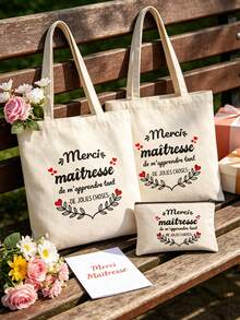 中性法語老師禮物托特包 - 印有「Merci Maîtresse」花卉圖案，優雅時尚女款單肩包與化妝包，輕便旅行托特包，ATSEM畢業禮物，法語老師節禮物，迷人多功能收納包，適合購物、返校和日常使用，新學年禮物、畢業禮物或返校季，新學年/老師節創意禮物 - 彩色 - 查看 5