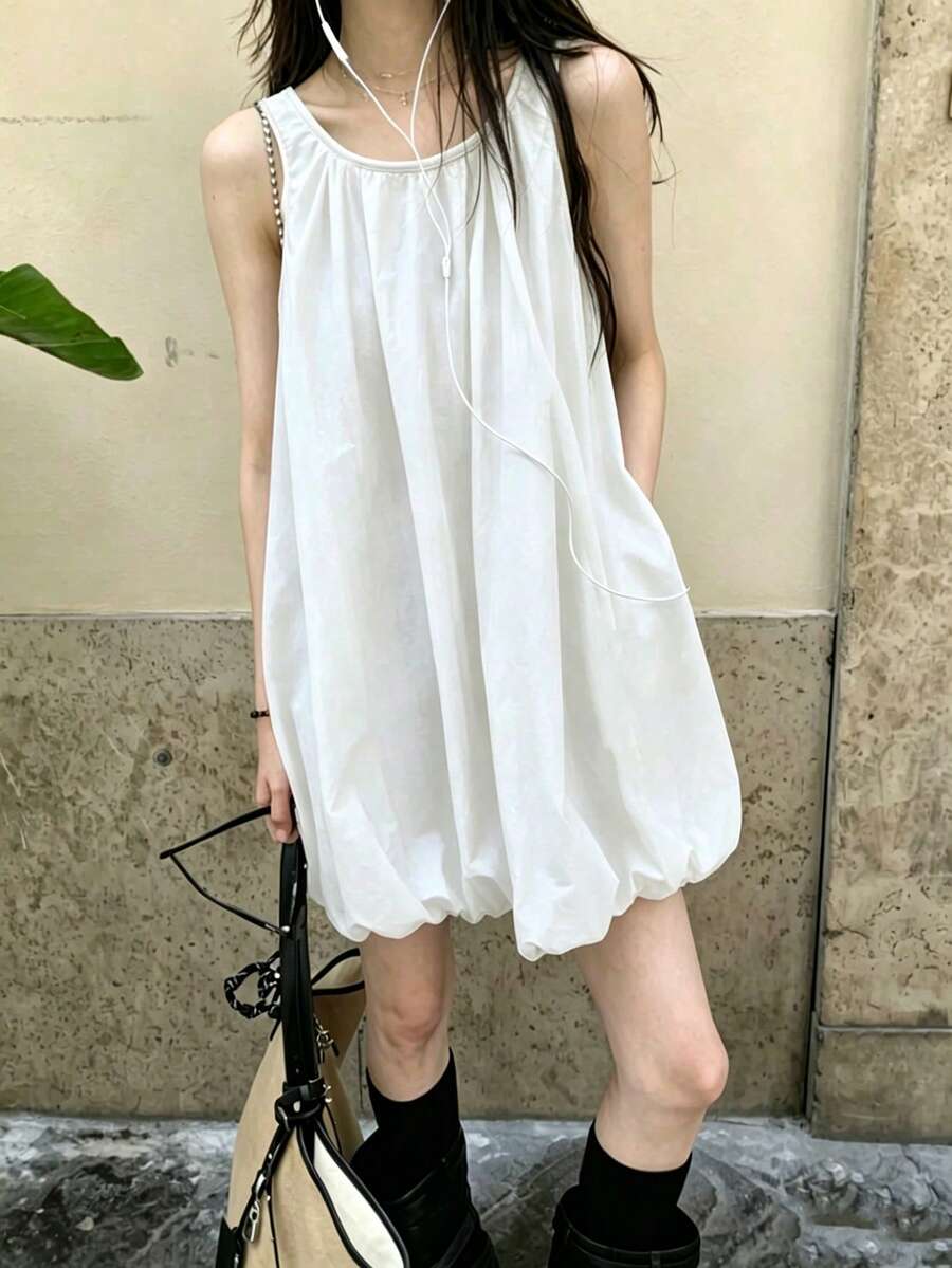 韓系時尚春季小眾設計抓皺圓領寬鬆休閒泡泡袖泡泡裙擺背心洋裝 女款白色優雅夏季 - 白色 - 查看 1