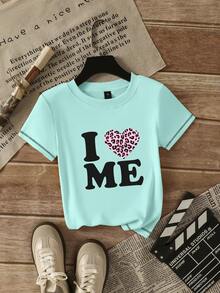 Kaos Wanita Model Hot Girl American Niche Design Bahu Persegi, Motif Hati & Huruf, Atasan Lengan Pendek Kasual Gaya Y2K Musim Panas - Hijau Mint - View 6