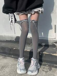 STAR RIVER 1 Pair Bow Lace Tie Over-Knee High Socks, Women's JK Sweet Lolita Lace-Up Long Tube Socks, Simple Versatile Y2K , Back To School - Multicolor - View 10