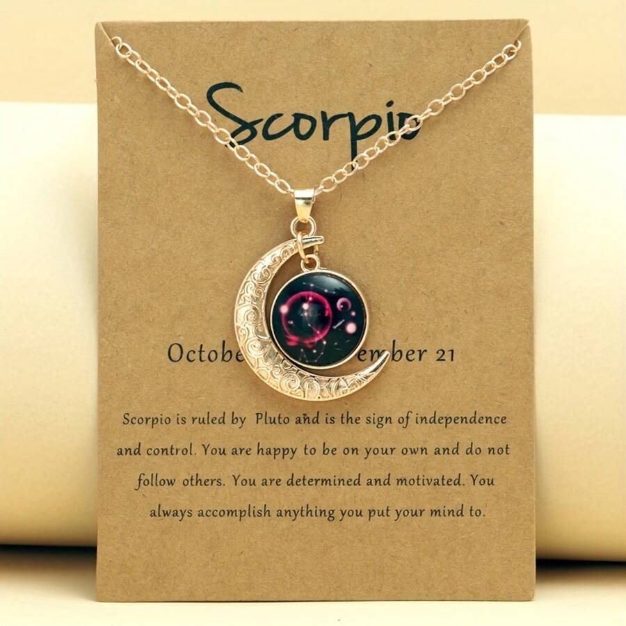 1 Retro Zodiac Moon Pendant Necklace That Glows In The Dark - Vintage Style, Zinc Alloy With Details, Adjustable Chain For Women - Ideal For Everyday Wear And Gifts - 金蝎子 - 查看 1