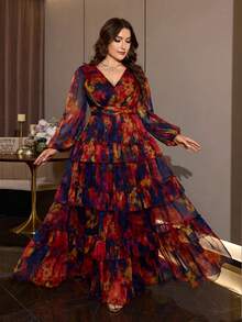 Plus Size Women's New Elegant Romantic Floral Patchwork Design Swing Dress Vacation - Multicolor - View 9