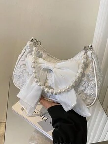 Bolso de mano con cadena de perlas de moda, bolso de hombro - Beis - Ver 10