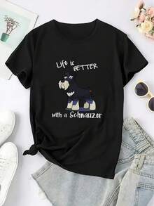 Blusa de Verano de Algodón Puro Cuello Redondo Manga Corta Estampado de Schnauzer con Frase La Vida Es Mejor Con Un Schnauzer Top Casual Cómodo para Amantes de Perros camisas de mujer - Negro - Ver 2