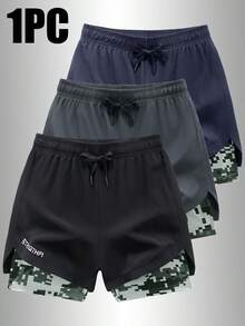 Shorts Esportivos 2 em 1 com Forro Camuflado para Homens, Shorts de Corrida e Fitness com Bolso para Celular e Cordão na Cintura, Shorts de Treinamento Atlético - Preto - View 1