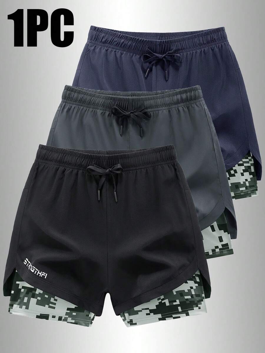 Shorts Esportivos 2 em 1 com Forro Camuflado para Homens, Shorts de Corrida e Fitness com Bolso para Celular e Cordão na Cintura, Shorts de Treinamento Atlético - Preto - View 1