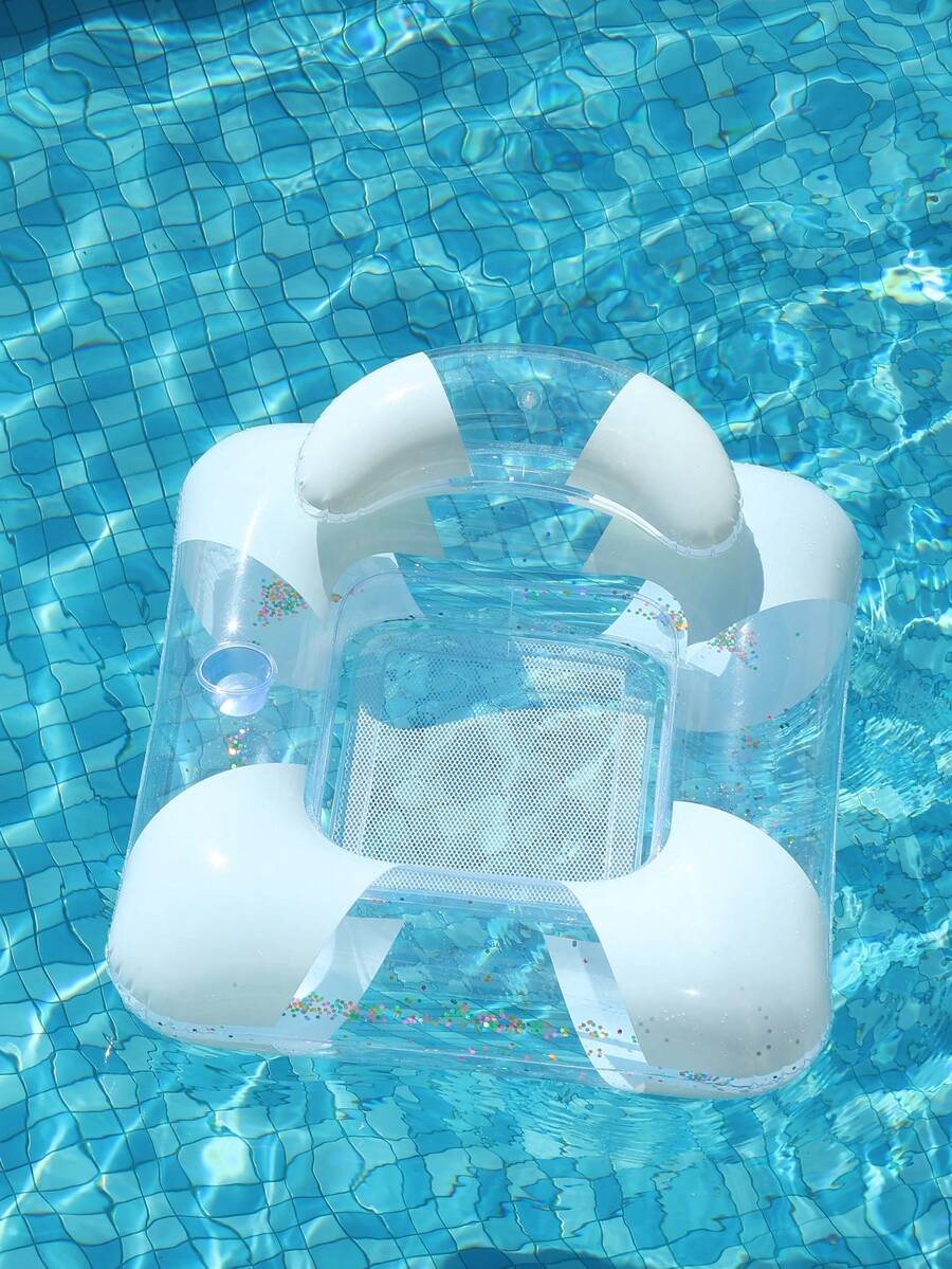 Transparent Glitter U-Shaped Backrest Mesh Inflatable Pool Float Bed With Cup Holder, Adult Water Lounge Chair For Beach, Pool, Vacation