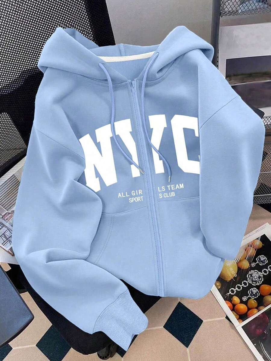 Abrigo casual con capucha y estampado de letras de manga larga para mujer, adecuado para otoño/invierno, sudadera - Azul - Ver 1