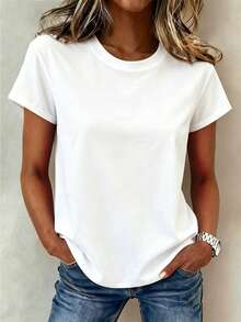 Women's Round Neck Short Sleeve T-Shirt Summer New Fashion Solid Color Casual Versatile Loose Top - White - View 1