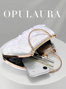 OpulAura 1個白色刺繡花卉圖案肩背包，復古旗袍包，仙女風手拿包，宴會包，伴娘包，新娘包，方形包，晚宴包，珍珠手拿包，亮片珠飾包，正式禮服包，鏈條肩背包 - 白色 - 查看 3