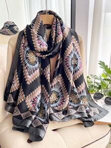 1 Buah Syal Sutra Imitasi Elegan Bermotif Bohemian untuk Wanita, Syal Serbaguna untuk Musim Semi/Panas, Pelindung Matahari untuk Liburan Pantai, Cocok untuk Penggunaan Sehari-hari - Hitam - View 6
