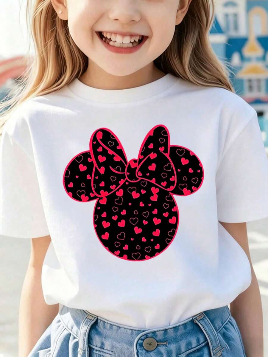 Disney Minnie Mouse Girls' Short Sleeve T-Shirt, 2-14 Years, Cute Black Minnie Head With Pink & Red Heart Bow Print,  Express Delivery - 白色 - 查看 1