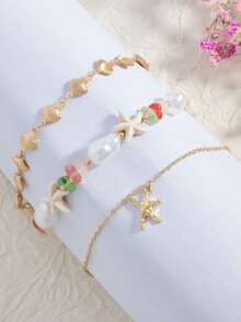 3 piezas/Set Tobillera de estilo bohemio con cadena de concha dorada hecha a mano, colgante de estrella de mar con perlas falsas y piedras de colores, adecuada para playa, vacaciones, uso diario, longitud de cadena de concha ajustable, cantidad de conchas y forma/tamaño/color de piedras de colores aleatorios - Multicolor - Ver 6