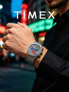 Timex Men's Vintage Chronograph Quartz Watch Multicolor Subdial Tachymeter Bezel Stainless Steel Link Bracelet Racing Style Watch for Gathering Gift for Him - 銀色 - 查看 2