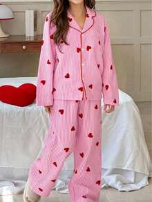2pcs Elegant Pajama Set, Including A Pink Heart Striped Top And Pants, Suitable For Girls To Wear In Spring, Autumn And Winter. Made Of Comfortable Fabric With Lapel Button Design, Perfect For Daily Wear, Parties, Holidays, Valentine's Day And Casual Occasions. - Baby Pink - View 11