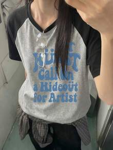 Y2K Blue Letter Print Raglan Sleeve T-Shirt Women Subculture Hot Girl Style Versatile Loose Short Sleeve Top Casual Summer - Dark Gray - View 2