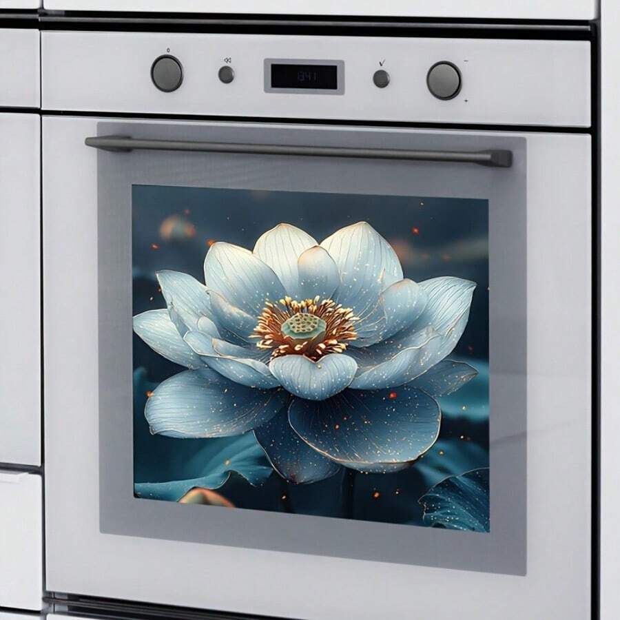 1pc Elegant Blue Lotus Kitchen Appliance Sticker, Oven Refrigerator Personalized Decorative Sticker, Self-Adhesive Removable PVC Material, Suitable For Living Room Kitchen Background Decoration - A - View 1