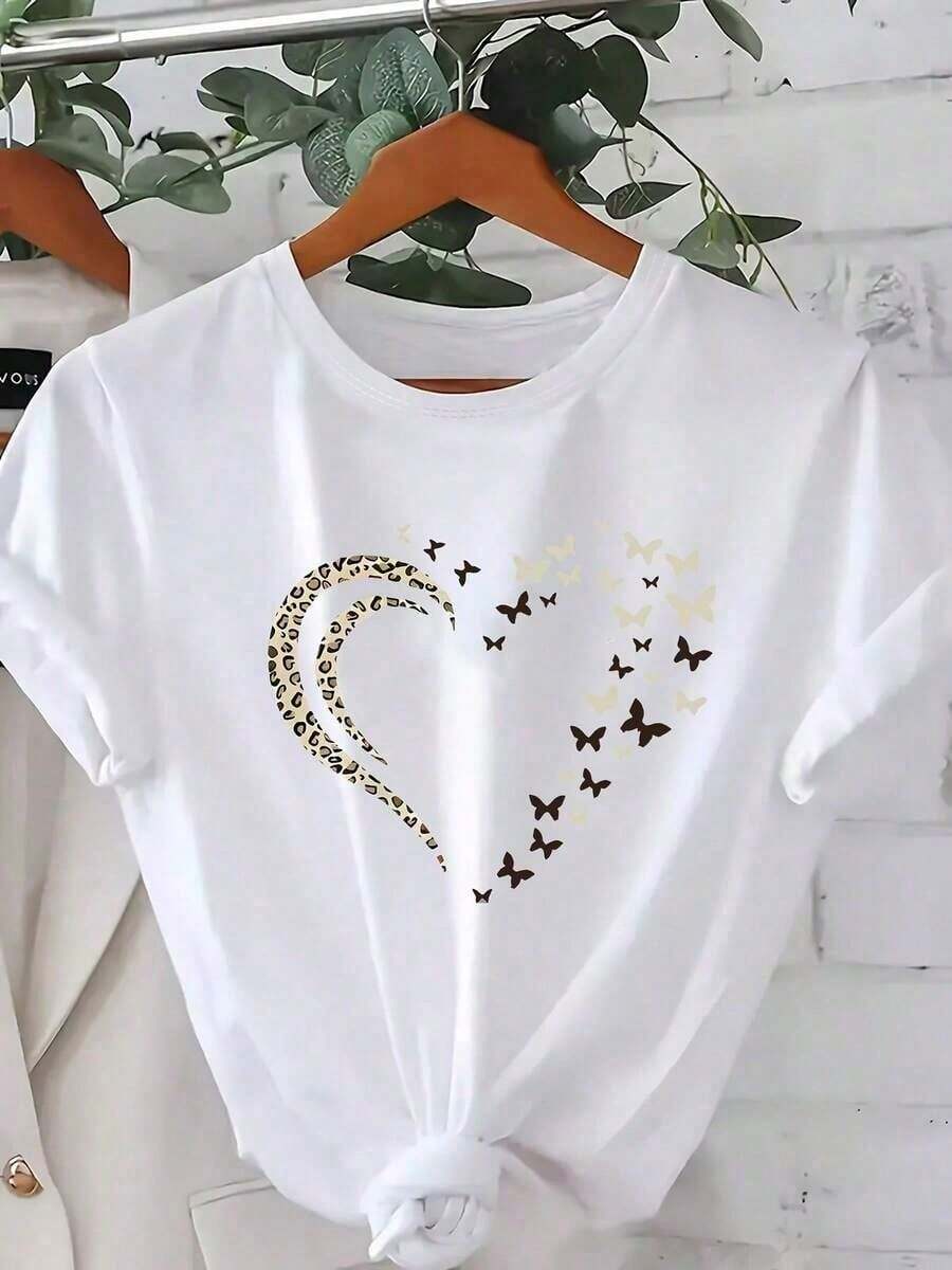 Summer Blouse In Pure Cotton, Round Neck, Short Sleeves With Heart Design, High-Quality And Fashionable Knit Fabric, Comfortable Casual Top For Daily Wear, Women's Shirts - 白色的 - 查看 1