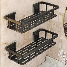 1/2pcs Agate Black Shower Caddy, No-Drill Wall-Mounted With Hooks, Bathroom Storage Rack, No-Drill With Drainage Holes, Kitchen Spice Rack - Black - View 3