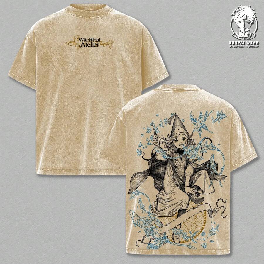 T-Shirt – Atelier Witch Hat Double Print T-Shirt, Vintage Anime Style Graphic Tee, Washed, Loose Fit, Casual Streetwear, Unisex Cotton Top - 杏色 - 查看 1