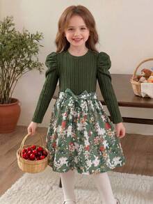 Young Girl Fashion Casual Puff Sleeve Long Sleeve Printed Dress + Matching Printed Belt Set - Green - View 2