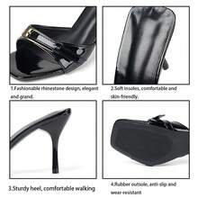 Sandalias mule de mujer de cuero charol negro brillante premium con punta cuadrada y tacón de aguja, diseño minimalista de metal con punta abierta, versátiles para oficina, transporte, vacaciones, citas y fiestas - Negro - Ver 11