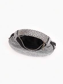 Mini Hobo Bag In A Crescent Shape, Fully Covered In Rhinestones, Integrated Circular Handle With Bow, Zipper, Various Colors, Women's Party, Wedding, Birthday Gift - Burgundy - View 7