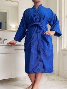 UNISEX WIDE AND LONG BATHROBE EXCELLENT ABSORPTION WITH RIBBON AND POCKETS - 寶藍色 - 查看 2