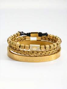 3 pezzi Braccialetto in stile europeo e americano unico in filo d'acciaio intrecciato, braccialetto in acciaio inossidabile con design fatto a mano con corona vintage e perline di strass, adatto per uomini e donne (le perline del braccialetto a corona sono abbinate e combinate casualmente) - Multicolore - Visualizzare 2