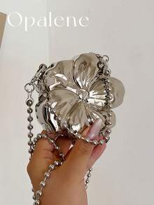 Elegant Mini Flower Shaped Metallic Evening Bag For Women Chain Gold Purse Y2k Travel Shoulder Crossbody Bag Outdoor Beach Handbag For Wedding Prom - 彩色 - 查看 13