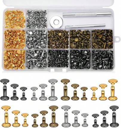 DIUDUS Juego de 240 remaches de cuero, remaches de doble tapa en 4 colores y 3 tamaños, remaches para cuero con 3 herramientas de colocación para reparación, decoración y proyectos DIY de artesanía en cuero
