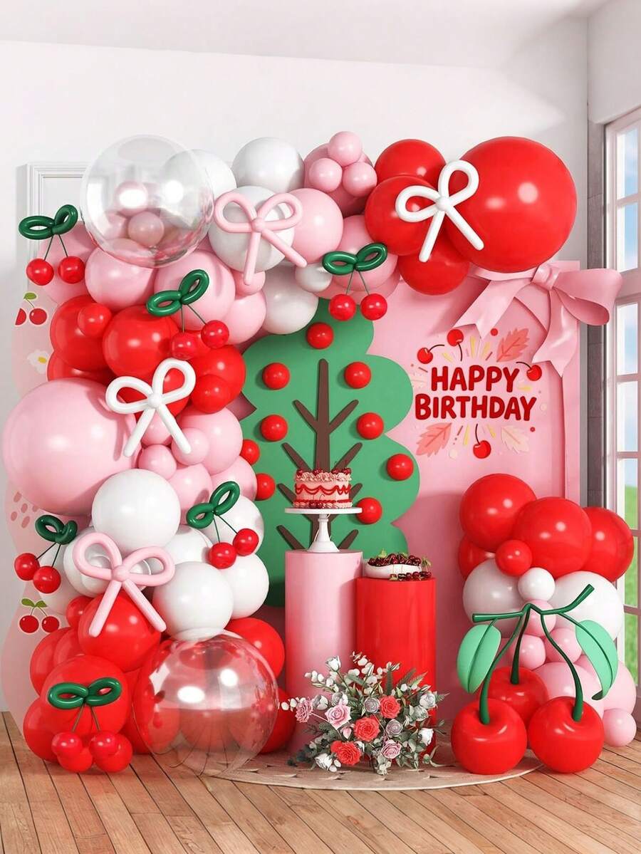 106pcs Latex Balloon Arch Garland Set, Red White Pink Latex Balloons, Suitable For Birthday Party, Baby Shower, Cherry Theme Party Decoration - Multicolor - View 1