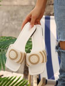 Sandalias planas de lujo para mujer Primavera/Otoño 2024, tacón bajo antideslizante, talla grande, con strass, chanclas versátiles - Blanco - Ver 5