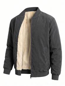 Men's Winter Thermal Lined Corduroy Fabric Simple Versatile Baseball Collar Jacket, Suitable As Gift For Friends, Husbands, Boyfriends - Black - View 4