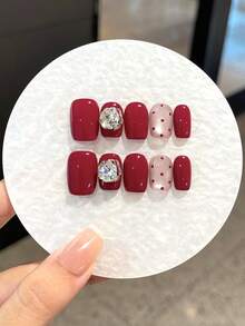 提升您的風格，手工壓接式美甲套組 短方型法式愛心極簡果凍粉美甲套組 長壓接式美甲 適合派對、舞會或日常佩戴，附 2 片果凍膠墊和 1 個指甲銼刀 - 紅色 - 查看 4