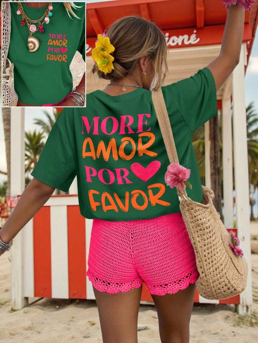 Women's 180g (Sizes S-XXXL), Casual Urban Summer Vacation Clothing, Short Sleeve Graphic T-Shirt, Funny Colorful Text T-Shirts, Personalized T-Shirt For Mom - 綠色 3 - 查看 1