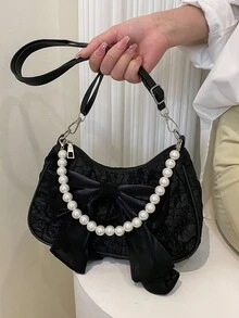 Fashionable Pearl Chain Handbag Shoulder Bag - Black - View 8