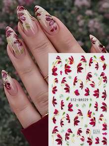 FULL BEAUTY 2pcs Burgundy Flower Vines Leaf Nail Art Stickers Red Elegant Watercolor Floral Petal With Gold Line Spring Summer Nail Decals Wedding Nail Supplies Nail Charms Decorations - Multicolor - View 4