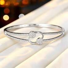 1pc Luxury Double Ring Full Rhinestone Bangle For Women, Niche Design Exquisite Zirconia Inlaid Bracelet, Commuter Versatile High-End Style, Gift For Best Friend - Bracelet - View 2