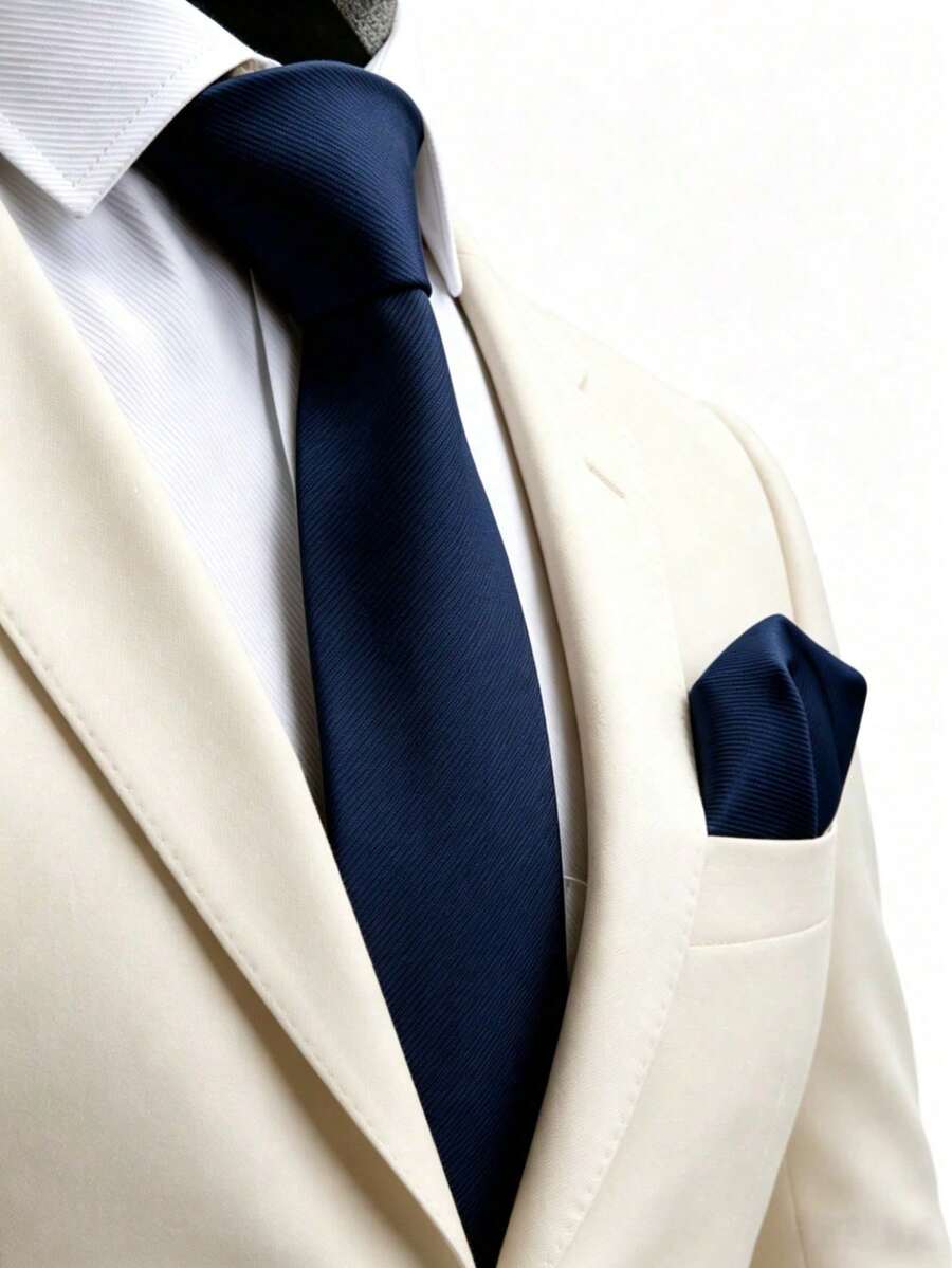 1件裝男士8cm金色條紋領帶與口袋巾套裝,婚禮派對新郎領帶套裝 - 藏蓝色 - 查看 1