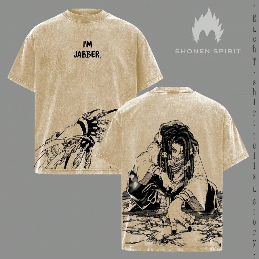 Vintage Washed Jabber Gachiakuta T-Shirt, Mad Cleaner Villain Graphic Tee, Chaotic Masked Wrestler Design, Dark And Dystopian Manga Aesthetic, Oversized Streetwear Style - 杏色 - 查看 1