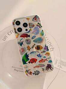 1 pieza Funda de teléfono minimalista con patrón de pez, impermeable, anti-huellas, anti-arañazos, transparente, IMD, suave, brillante y lisa, compatible con Apple 16/16 PLUS/16 PRO/16 PRO MAX - Multicolor - Ver 4