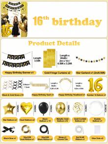 16th Birthday Black Gold Birthday Decorations For Women Girls, 57PCS Gold Black Balloons Happy Birthday Balloons Banner Heart Balloons Bow Bobo Balloons Fringe Curtains For Birthday Party Decoration Room Decor - 16歲生日 - 查看 12