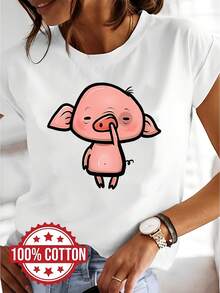 1pc Cute Pure Cotton Short Sleeve T-Shirt Funny Pink Pig Graphic Airport Vacation Daily Women's Tee - White - View 1