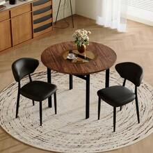 Modern Minimalist Round Table Set (2 White Polyurethane Armchairs With Curved Backrest), 100cm Diameter Round Table With Wood Look, Suitable For The Dining Room And Kitchen. - Black and Brown - View 7