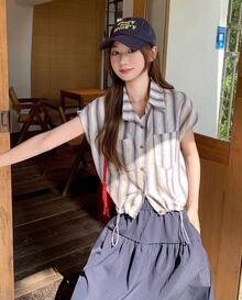New For 2026: Chic Twisted Casual Color Block Top, Fashionable And Unique Striped Off-Shoulder Short-Sleeved T-Shirt (Women's) - Deep Blue - View 4
